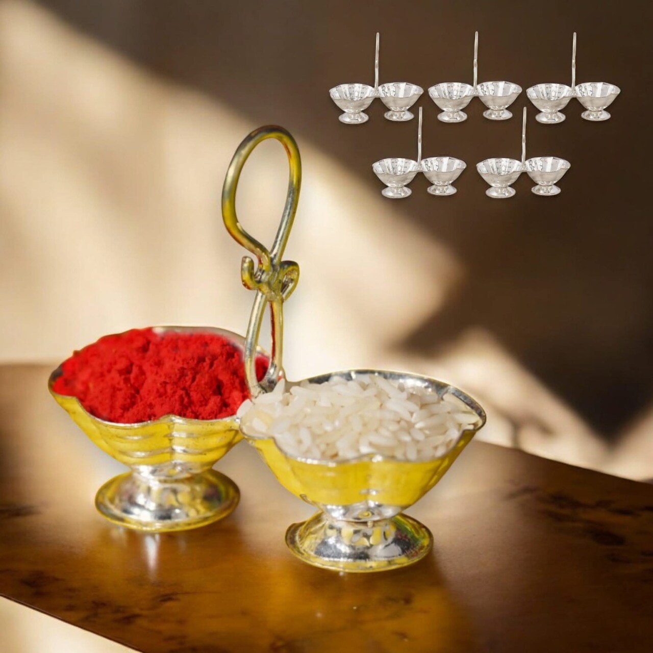 Silver Plated Haldi Kumkum Holder for Home Temple Decorative Haldi Kumkum Stand Diwali Gift Indian Festival Puja Wedding Favor Birthday Housewarming Return Gifts Roli Chawal/rice Holder